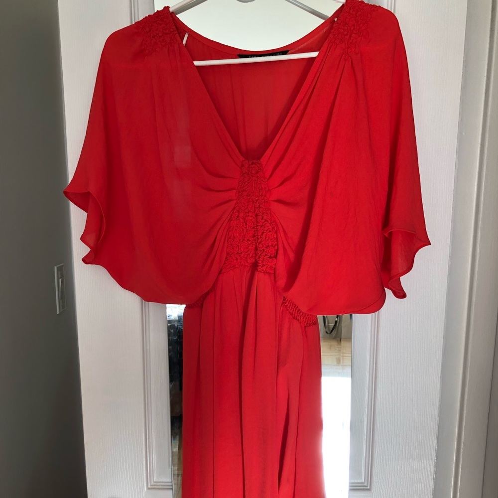 Zara Red Orange Drapey Dress with Ruching Bodice
